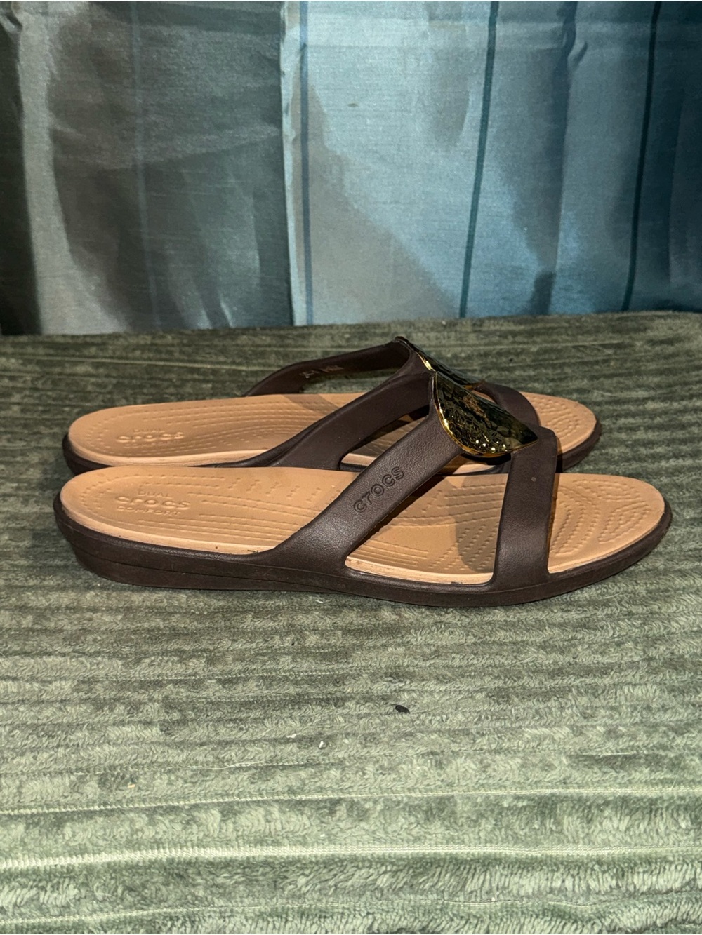 CROCS Women's Chocolate Brown and Tan Flip Sandals with Decorative Accent